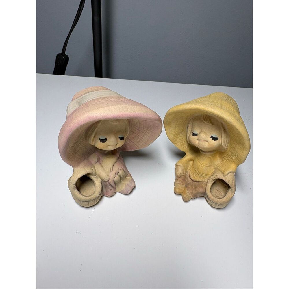 Vintage Ceramic Bonnet Girl Figurines Set of 2 Basket Pastel pink & yelliw